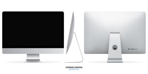 computer monitor mockup in silver color with black screen view front, back and side on white background. stock vector illustration eps10