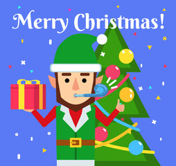 Cheerful elf holds gift box and shows thumb up gesture. Christmas, New Year poster, greeting card. Flat style vector illustration