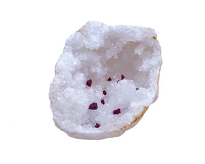 Top quality A grade small rough RUBY crystals from Tanzania on crystalline druzy center of clear quartz geode. RED CORUNDUM.