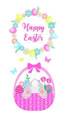 Happy easter spring greeting card with painted eggs, cute rabbit, flowers and butterflies. Vector illustration.