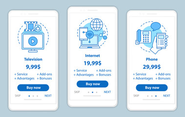 TV, phone, internet bundle onboarding mobile app screens