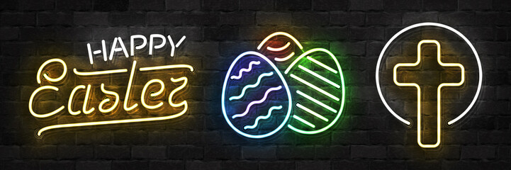 Obraz na płótnie Canvas Vector set of realistic isolated neon sign of Easter logo for template decoration and layout covering on the wall background. Concept of Happy Easter celebration.