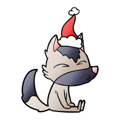 gradient cartoon of a wolf whistling wearing santa hat