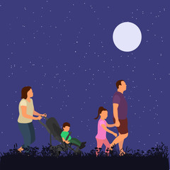 vector, isolated, family with children in the evening in the park, flat style, people without faces