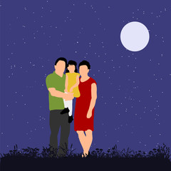 isolated, family with children in the evening in the park, flat style, people without faces