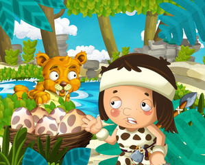 Cartoon scene with caveman in the jungle with sabre tooth tiger near the river in the background - illustration for children