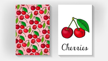 Vector Illustration of Cherries Card Template Sketch Style