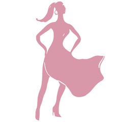 Obraz na płótnie Canvas Pink female silhouette. Delicate figure, Luxury romantic dress, flying skirt. Ponytail hairstyle, earrings. Beautiful fashion silhouette for print, poster, banner, advertising, cards. Woman's beauty