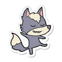 sticker of a friendly cartoon wolf balancing