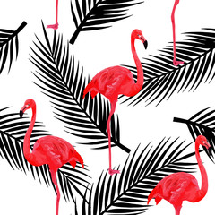 Tropical modern seamless pattern with pink flamingos and palm leaves on white background. Exotic Hawaii art background. Design for web page backgrounds, fabric, wallpaper, textile and decor.