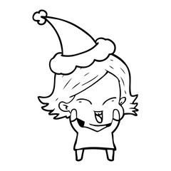 happy line drawing of a girl wearing santa hat