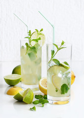 Homemade refreshing drink with lemon and lime juice and mint