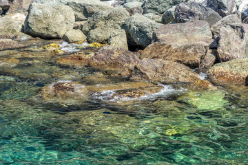 Italy, Cinque Terre, Monterosso, HIGH ANGLE VIEW OF STREAM FLOWING THROUGH ROCKS