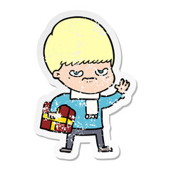 distressed sticker of a annoyed cartoon boy