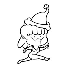 line drawing of a woman running wearing santa hat