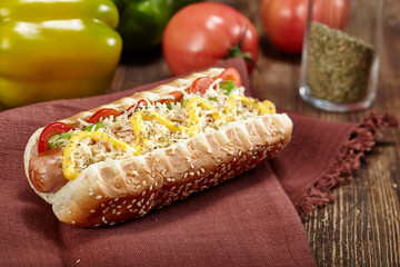 Close-up view of Hot dog with mustard 
