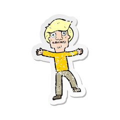 retro distressed sticker of a cartoon boy panicking