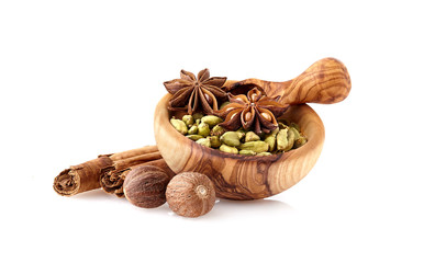 Cardamon, cinnamon, anise and nutmeg on white background. Spices isolated.