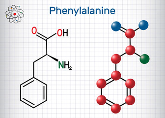Phenylalanine (L- phenylalanine, Phe , F) amino acid molecule.  Sheet of paper in a cage. Structural chemical formula and molecule model