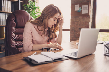 Close up photo beautiful she her business lady hand arm forehead eyes closed tired failure work day...