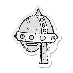 retro distressed sticker of a cartoon medieval helmet