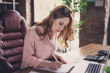 Close up photo beautiful she her business lady hold pen page contract purchase buy buyer real estate company leader client cooperation sit big office chair wearing shirt formal wear