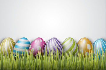 Easter background with painted 3d realistic eggs in green glass. Vector illustration.