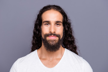 Obraz premium Close-up portrait of his he nice cool well-groomed attractive peaceful wavy-haired guy with mustache isolated over gray violet purple pastel background
