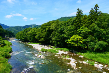Naklejka na ściany i meble 日本の夏。アユ釣りの名所、気仙川。陸前高田　岩手　日本。７月上旬。