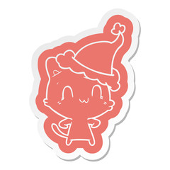 cartoon  sticker of a happy cat wearing santa hat