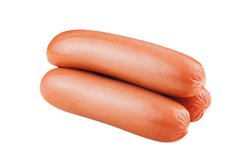 Heap of three yummy whole sausages isolated on white background without shadow