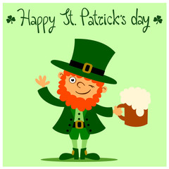 Happy St. Patrick's Day. Greeting card with leprechaun in green costume with beer mug in hand