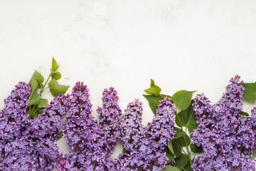 Lilac branches on a light stone background. Concept of spring. Flat lay, top view