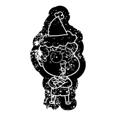 cartoon distressed icon of a happy man wearing santa hat