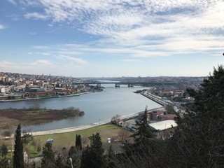 Fototapeta na wymiar Istanbul / Turkey - March 2019: Tourists enjoy the view from Eyup-Pierre Loti point.