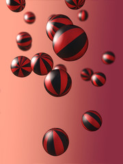 3d illustration of a close-up of differently colored striped and differently sized spheres in front of a color gradient