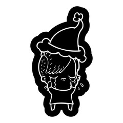 cartoon icon of a crying girl wearing santa hat
