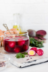 Quail eggs marinated for Easter in beet juice