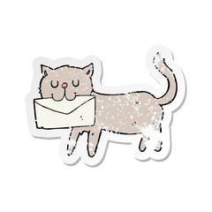retro distressed sticker of a cartoon cat carrying letter