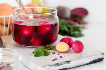 Quail eggs marinated for Easter in beet juice