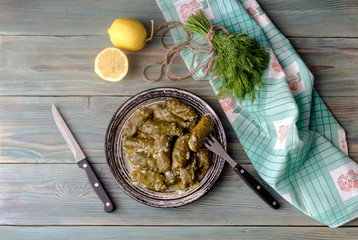 Dolmas in egg-lemon sauce (Greek cuisine)