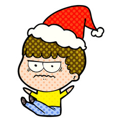 comic book style illustration of a annoyed man wearing santa hat