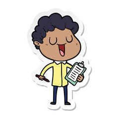 sticker of a laughing cartoon man with clipboard and pen