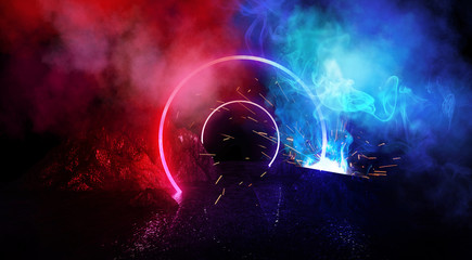 Space futuristic landscape. Fiery meteorites, sparks, smoke, light arches. Dark background with light element in the center. Silhouette of a man, a reflection of neon lights.  3d rendering.