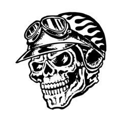 Skull biker helmet with flames and glasses, motorcycle vintage graphic design, logo, mascot, emblem, black and white icon
