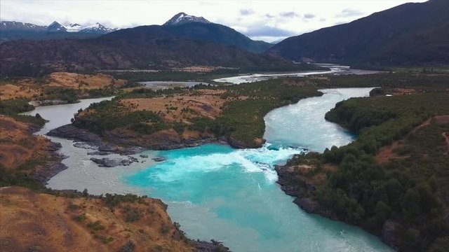 Aerial view of the confluence of the rivers of Baker (blue) and Neff. Patagonia, Chile