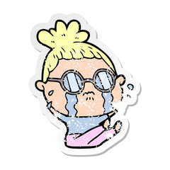 distressed sticker of a cartoon crying woman wearing spectacles