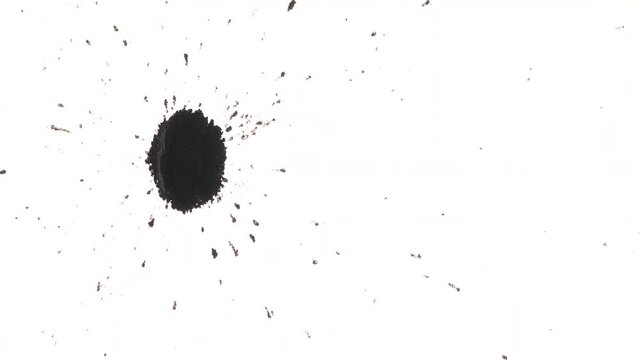 Top view of organically captured dots and blots of black ink splattering over a white background. Perfect elements for compositing transitions