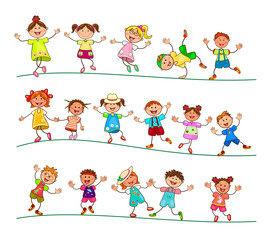 Fototapeta premium Joyful little kids for a walk. Group of cheerful, smiling children on a white background. Cartoon joyful children. Group of happy, smiling children.