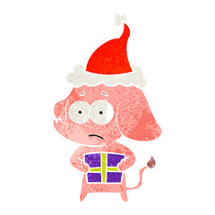 retro cartoon of a unsure elephant with christmas present wearing santa hat